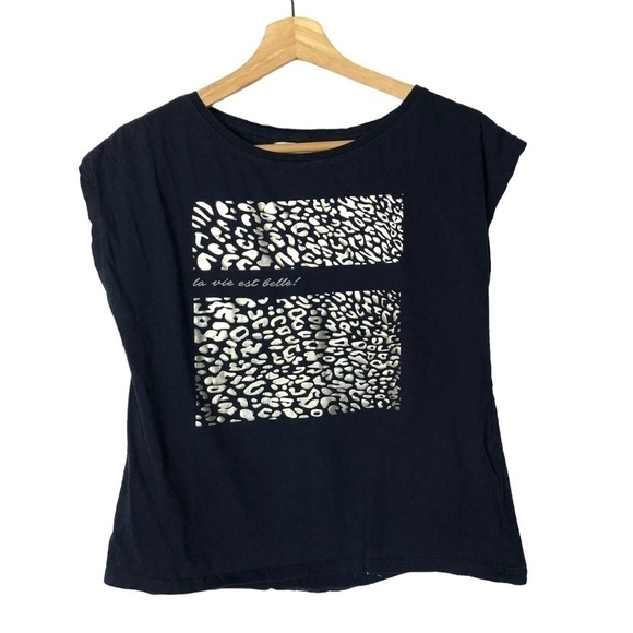 Zara Navy Blue Silver Cheetah Graphic Short Sleeve T-Shirt S - Picture 1 of 2